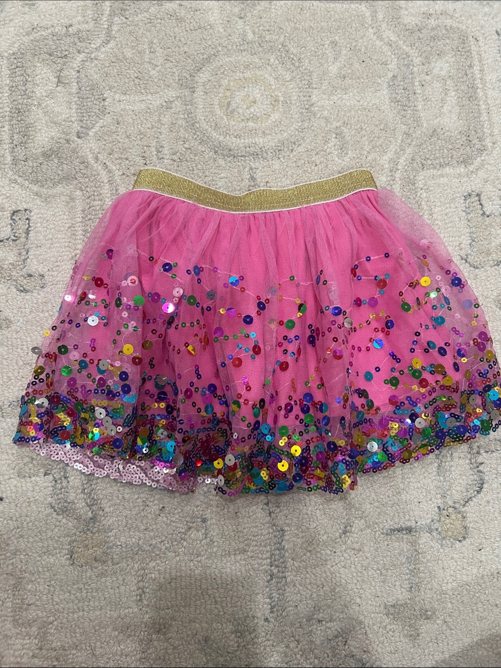 Girls Pink Sequin Tulle Tutu Skirt with Gold Waistband 2-4T
